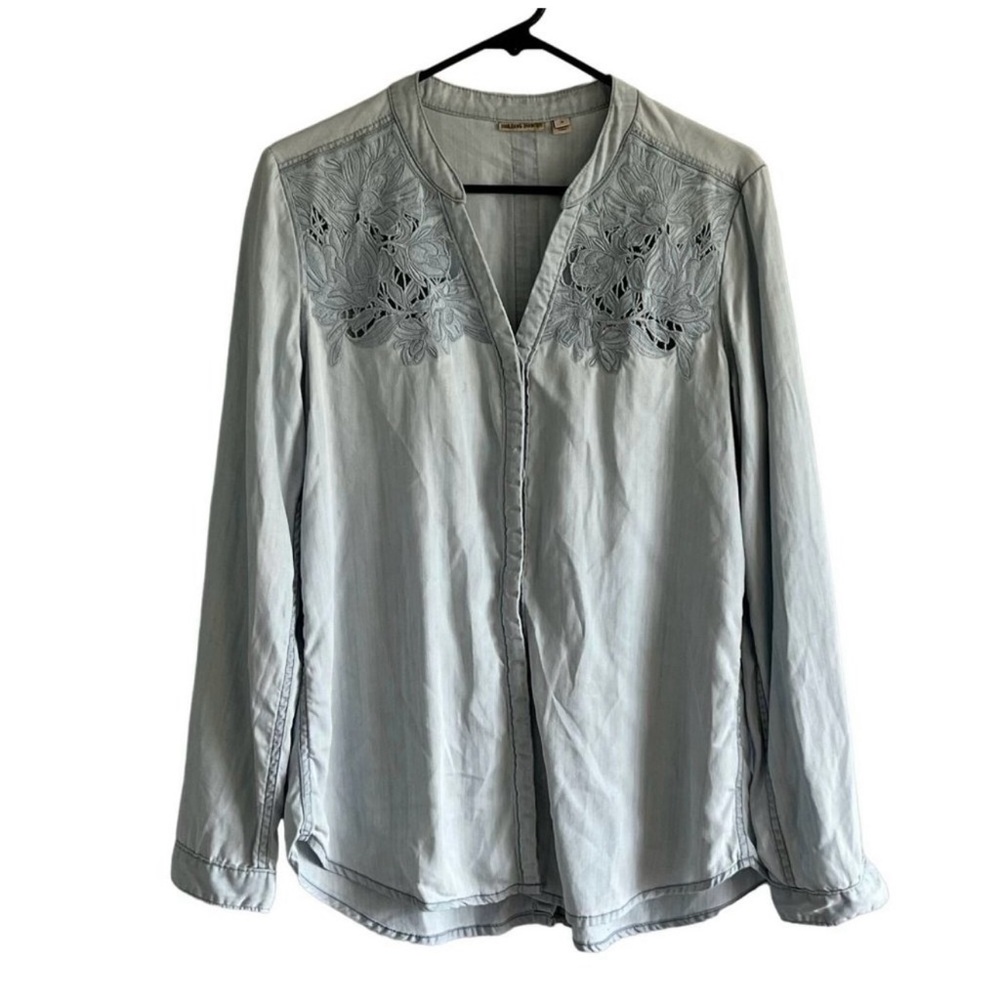 Holding Horses Anthropologie Embroidered Lace Chambray Long Sleeve Blouse Medium